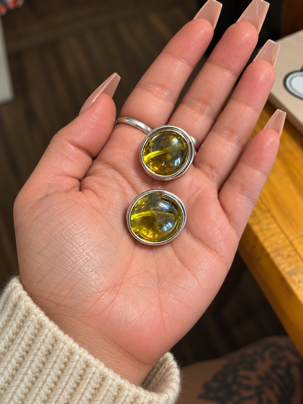 Vintage Baltic Amber Sterling Silver Clip-On Earrings Yellow Green Cabochon